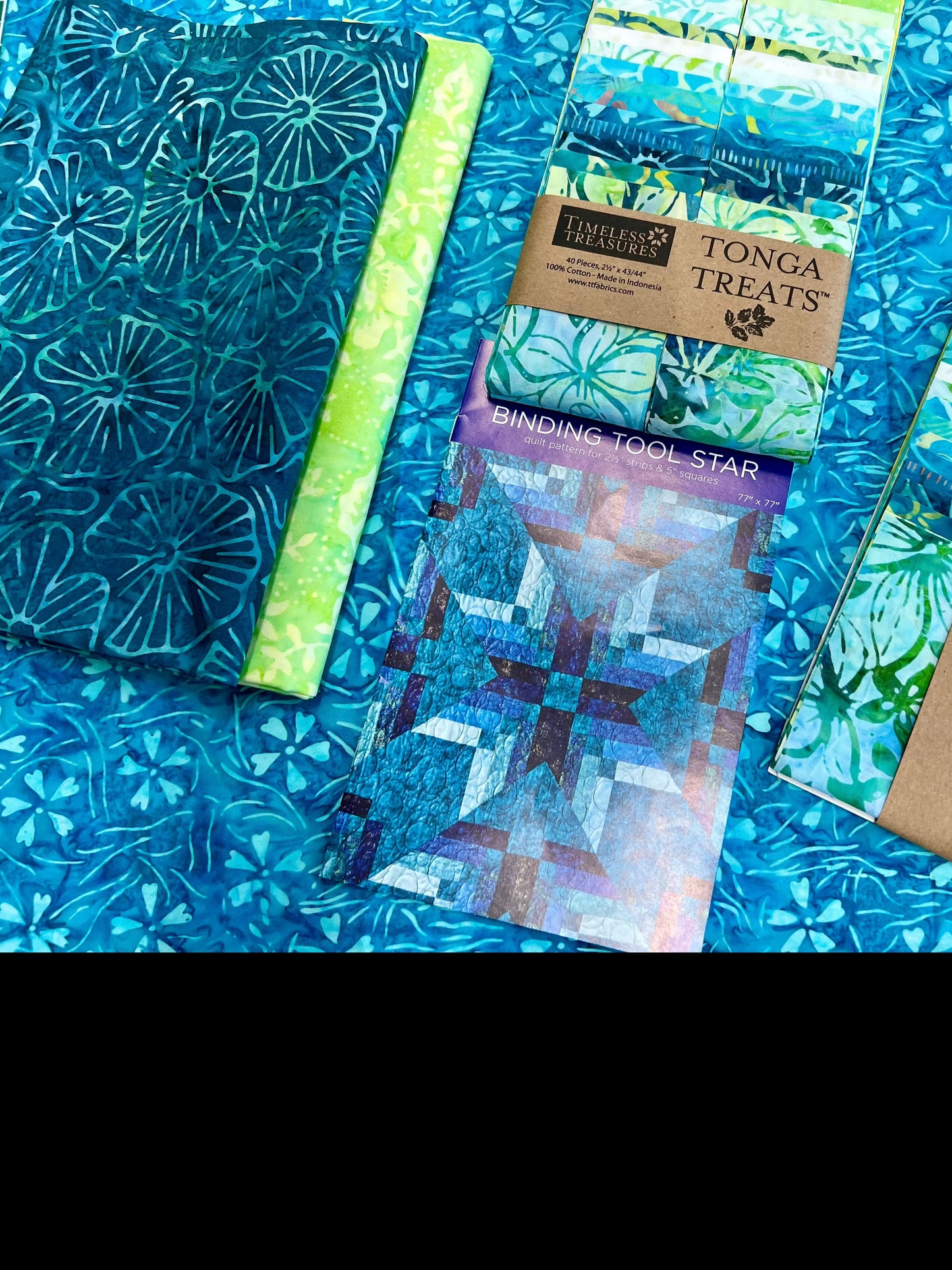 Binding Tool Star Quilt Kit; Color Options: Blue/Grey Batiks; Tropical Batiks or Floral Cotton Prints; 77 x 77"