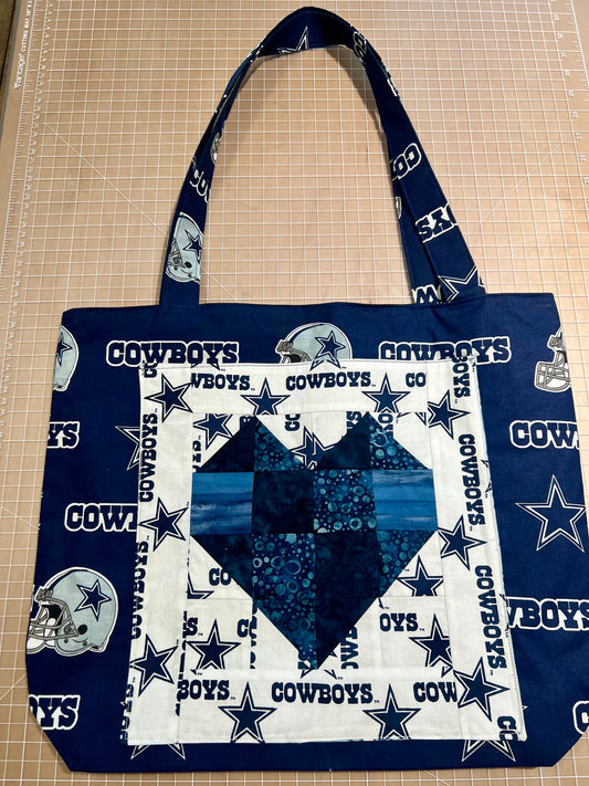 Quilted Tote Bag; Outer pocket; Available in Blue/Green, Blue/Tan, Dallas Cowboys; 14" x 12"